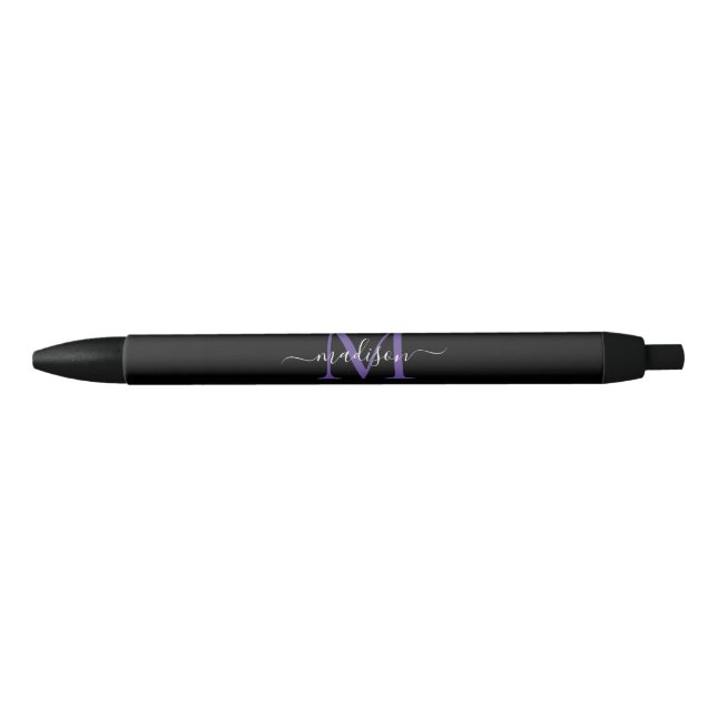 Black Purple Violet Monogram Elegant Script Name Ink Pen (Front)