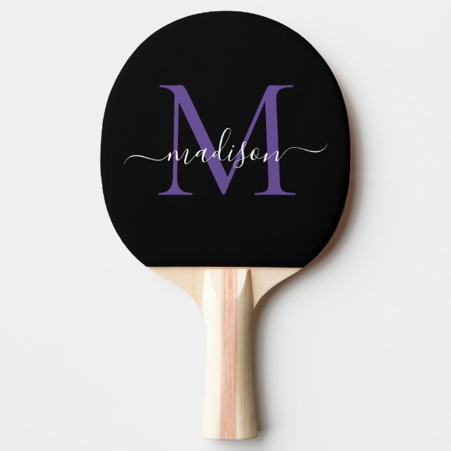 Black Purple Violet Monogram Elegant Script Name Ping Pong Paddle (Front)