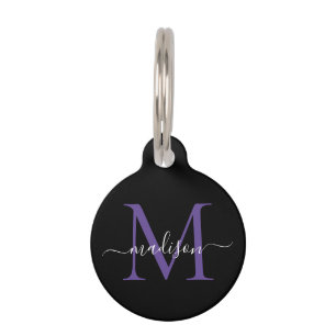 Black Purple Violet Monogram Feminine Script Name Pet Tag