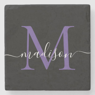 Black Purple Violet Monogram Feminine Script Name Stone Coaster