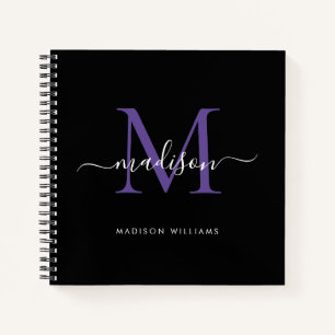 Black Purple Violet Monogram Initial Script Name Notebook