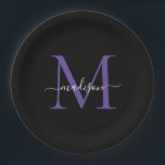 Black Purple Violet Monogram Modern Elegant Script Paper Plate<br><div class="desc">Simple Modern Trendy Black Purple Violet Monogram Modern Feminine Script Name Paper Plate</div>