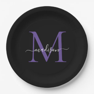 Black Purple Violet Monogram Modern Elegant Script Paper Plate
