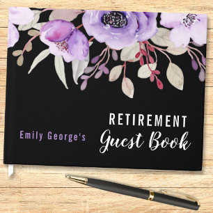 Black Purple Watercolor Floral Retirement Party Guest Book