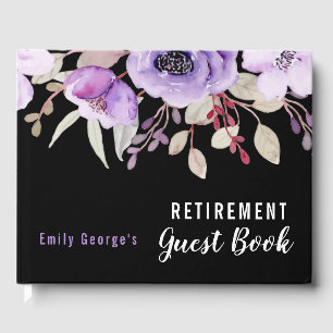 Black Purple Watercolor Floral Retirement Party Guest Book