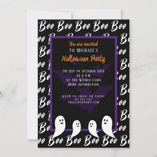 Black purple white boo Halloween ghost  Invitation (Front)