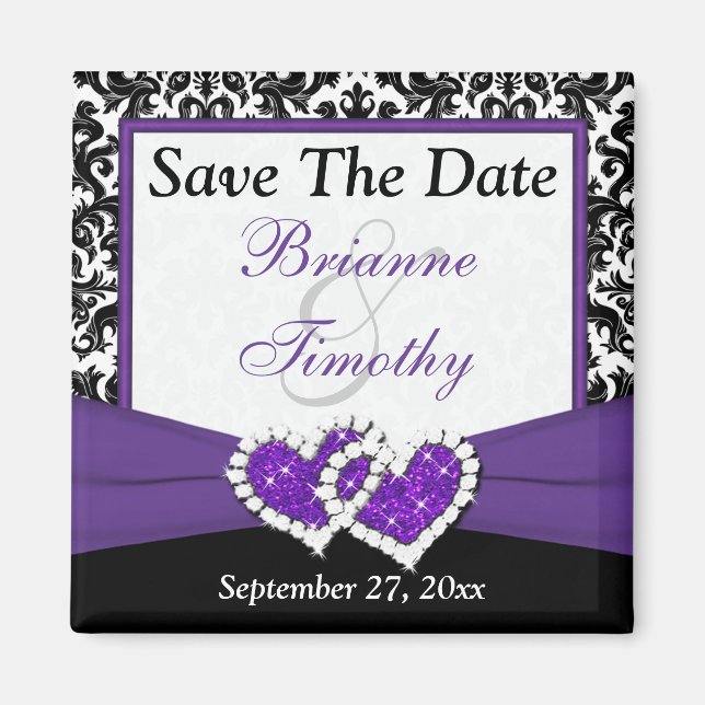 Black, Purple, White Damask Save The Date Magnet (Front)