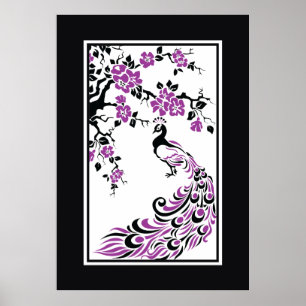 Black, purple, white peacock and cherry blossoms poster