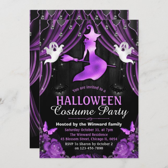Black & Purple Witch & Shimmer Curtains Halloween Invitation (Front/Back)