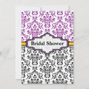 Black purple yellow damask wedding bridal shower invitation
