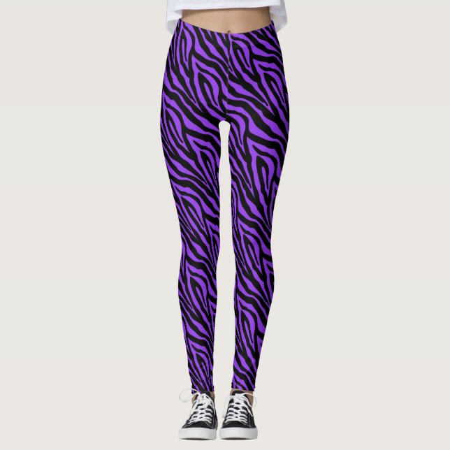 Black Purple Zebra Print Pattern Leggings (Front)