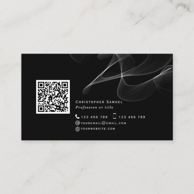 Black QR code abstract modern simple social media Business Card (Front)