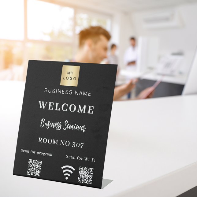 Black QR code business logo seminar room wifi Pedestal Sign (Creator Uploaded)