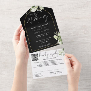 Black QR Code Gold Arch Greenery Floral Wedding All In One Invitation