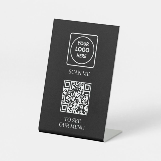 Black QR Code Menu Display Tabletop Pedestal Sign (Front)