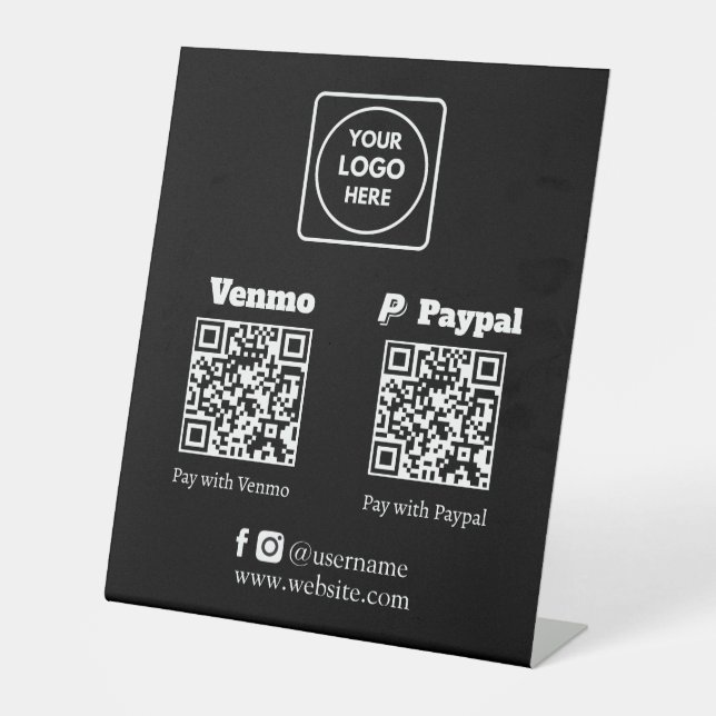 Black QR Code Payment | Venmo PayPal Custom Logo Pedestal Sign (Front)
