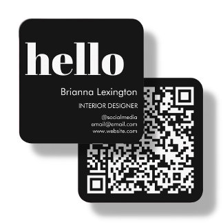 Black | QR Code Social Media Hello Square Business Card