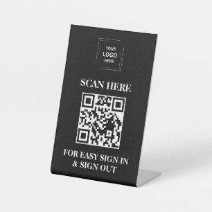 Black QR Reception Visitor Check In Display Pedestal Sign
