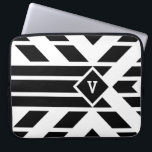 Black Quadrilateral Stripes on White with Monogram Laptop Sleeve<br><div class="desc">Striking black and white geometric pattern features black quadrilaterals aligned in stripes. The parallelograms angle towards a black diamond outlined with white in the upper third of the image. The diamond contains a customisable monogram. Three bold black stripes extend from the bottom of the diamond to the base of the...</div>