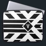 Black Quadrilateral Stripes on White with Monogram Laptop Sleeve<br><div class="desc">Striking black and white geometric pattern features black quadrilaterals aligned in stripes. The parallelograms angle towards a black diamond outlined with white in the upper third of the image. The diamond contains a customisable monogram. Three bold black stripes extend from the bottom of the diamond to the base of the...</div>
