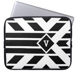 Black Quadrilateral Stripes on White with Monogram Laptop Sleeve