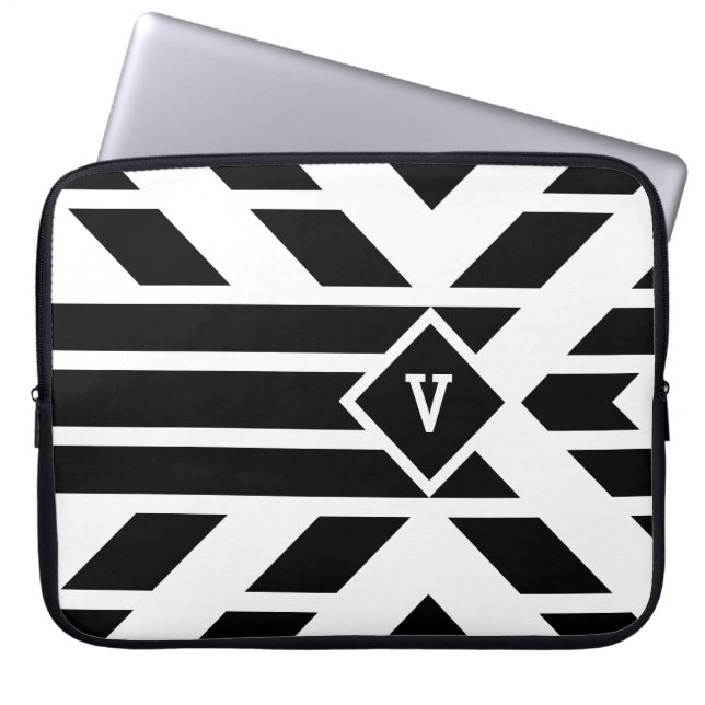 Black Quadrilateral Stripes on White with Monogram Laptop Sleeve (Front)
