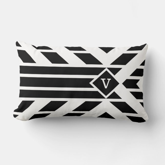 Black Quadrilateral Stripes on White with Monogram Lumbar Cushion (Front)