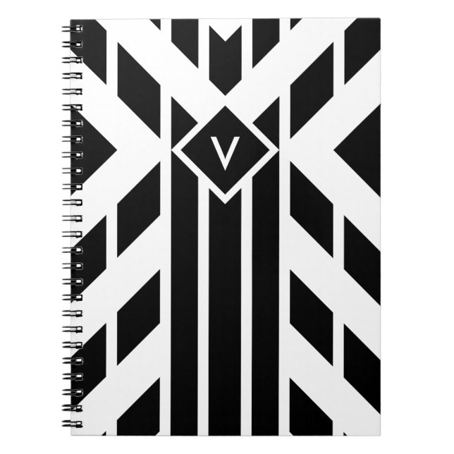 Black Quadrilateral Stripes on White with Monogram Notebook (Front)