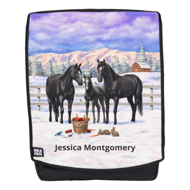 Black Quarter Horses In Snow Backpack (Front)