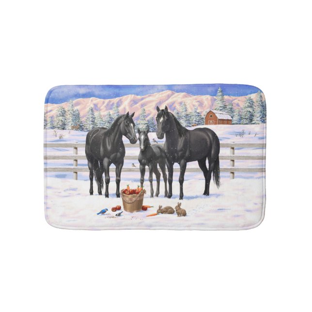 Black Quarter Horses In Snow Bath Mat (Front)