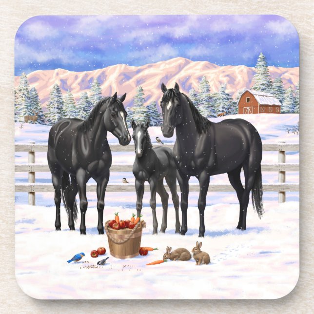 Black Quarter Horses In Snow Coaster (Front)