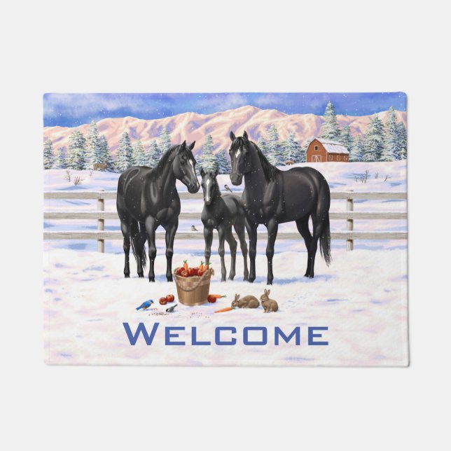 Black Quarter Horses In Snow Doormat (Front)
