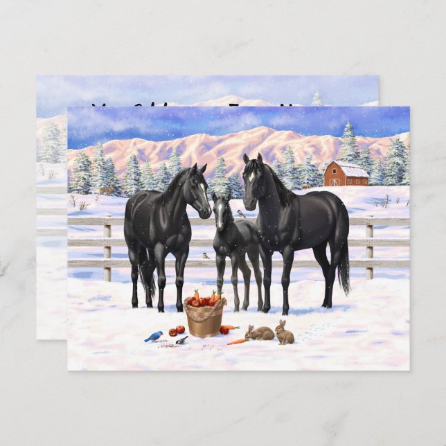Black Quarter Horses In Snow Invitation (Front/Back)