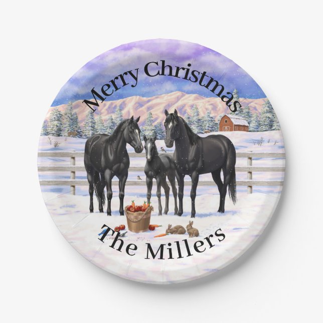 Black Quarter Horses In Snow Paper Plate (Front)