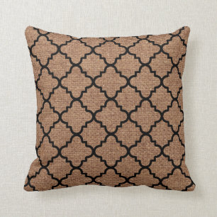 Black Quatrefoil & Faux Rustic Burlap –Shabby Chic Cushion