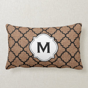 Black Quatrefoil on Rustic Burlap – Monogram Chi Lumbar Cushion