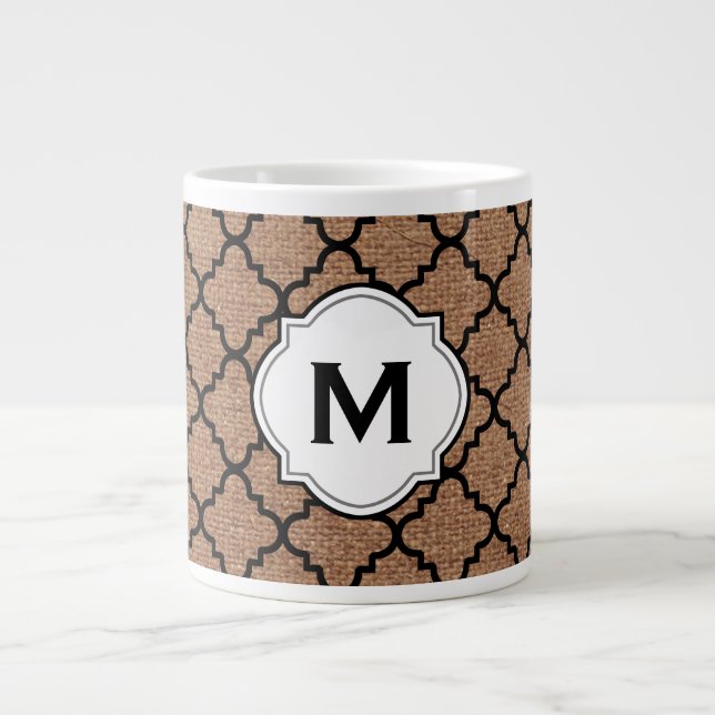 Black Quatrefoil on Rustic Burlap – Monogram Chic Large Coffee Mug (Front)