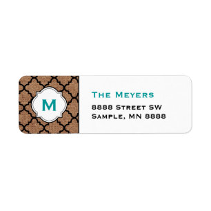Black Quatrefoil on Rustic Burlap – Teal Monogra Return Address Label