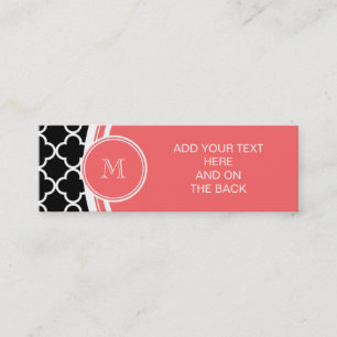 Black Quatrefoil Pattern, Coral Monogram Mini Business Card