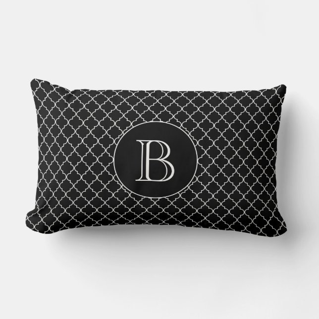 Black Quatrefoil Pattern Custom Monogram Lumbar Cushion (Front)