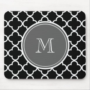 Black Quatrefoil Pattern, Grey Monogram Mouse Pad