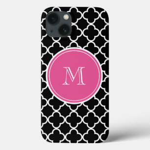 Black Quatrefoil Pattern, Hot Pink Monogram iPhone 13 Case