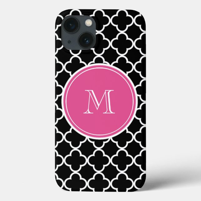 Black Quatrefoil Pattern, Hot Pink Monogram Case-Mate iPhone Case (Back)