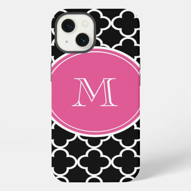 Black Quatrefoil Pattern, Hot Pink Monogram iPhone Case (Back)