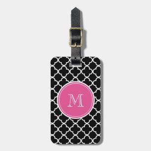 Black Quatrefoil Pattern, Hot Pink Monogram Luggage Tag