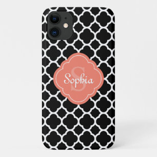 Black Quatrefoil Pattern Peach Monogram iPhone 11 Case