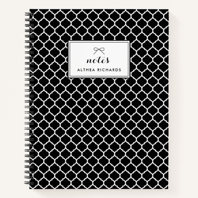 Black Quatrefoil Pattern Personalised Notebook (Front)