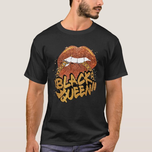 Black Queen African Colours Biting Lips Black Hist T-Shirt (Front)