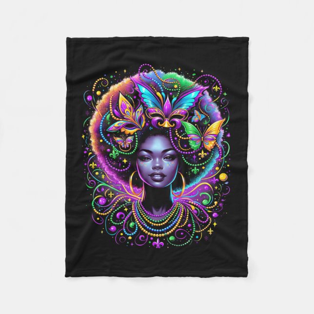 Black Queen Afro African Butterfly Beads Mask Mard Fleece Blanket (Front)