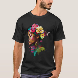 Black Queen Afro Nubian Goddess with Flowers  5 T-Shirt